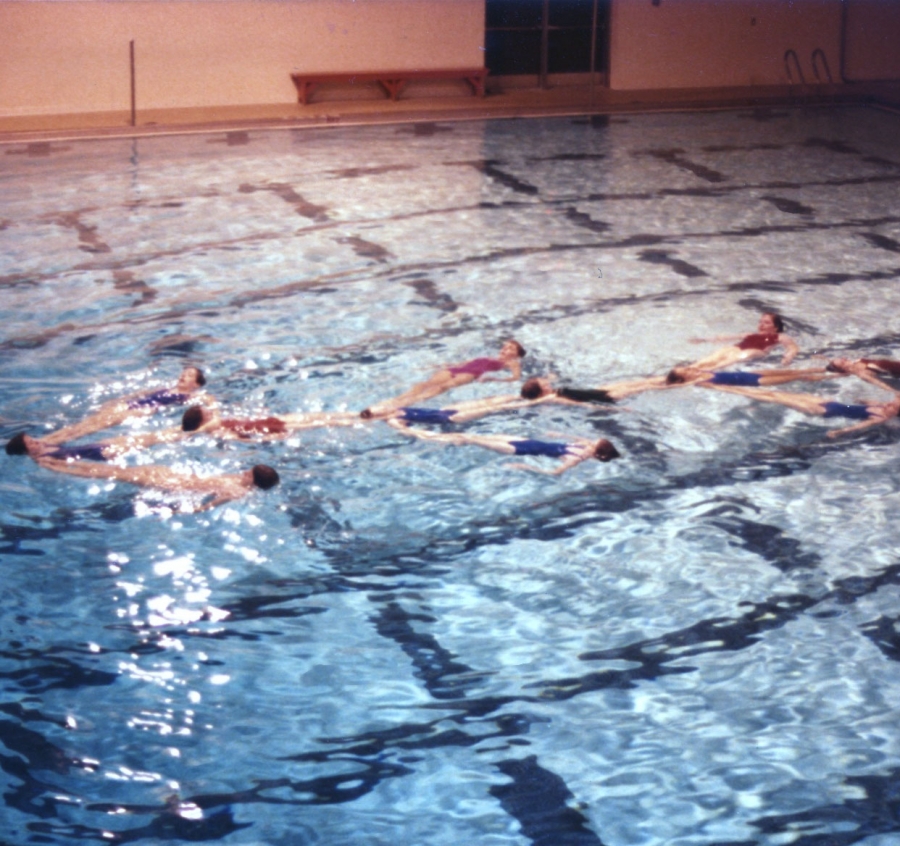 synchro swimmers perform in the pool
